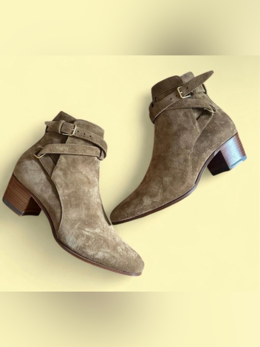 Saint Laurent Taupe Suede Ankle Boots with Wrapped Strap